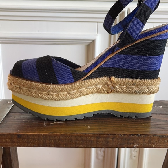 Prada blue/black striped wedge open toe shoes - Picture 2 of 4